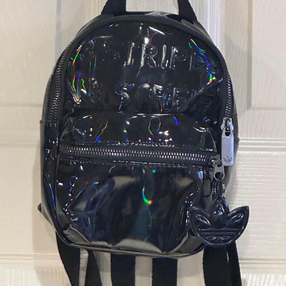 Adidas Originals Mini Backpack Black Iridescent Patent 3 Stripes Trefoil Logo